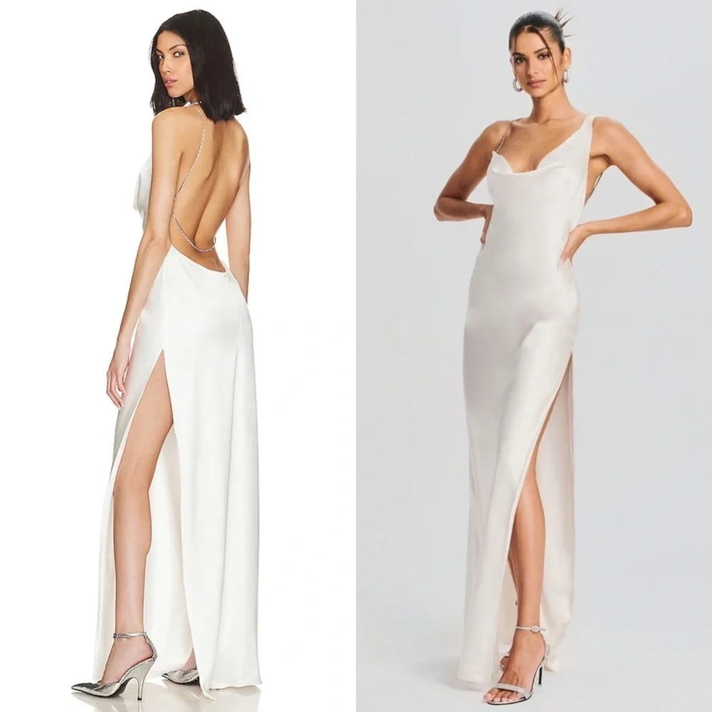 NWT RETROFETE Satin Asymmetric Crystal Chain Strap Draped Neck Open Back Gown S - Picture 4 of 13